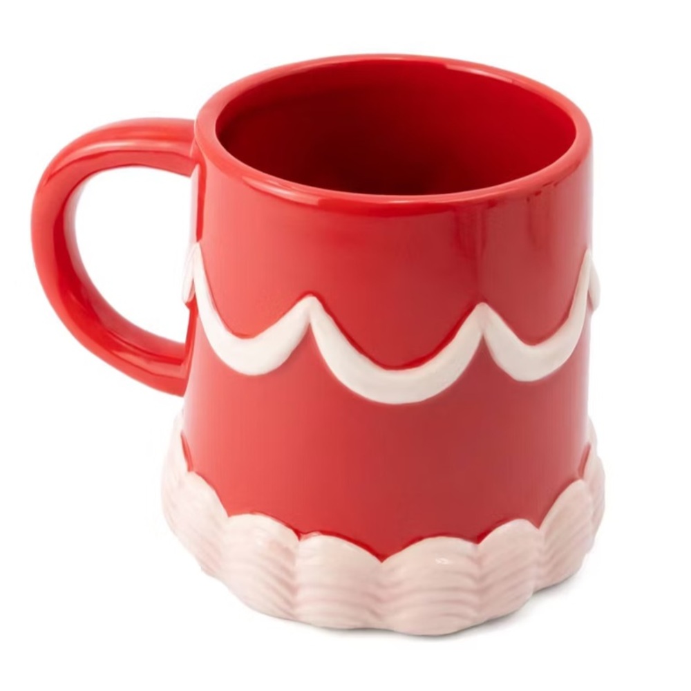 BULLSEYE PLAYGROUND NWT earthenware figural cake mug -red/pink